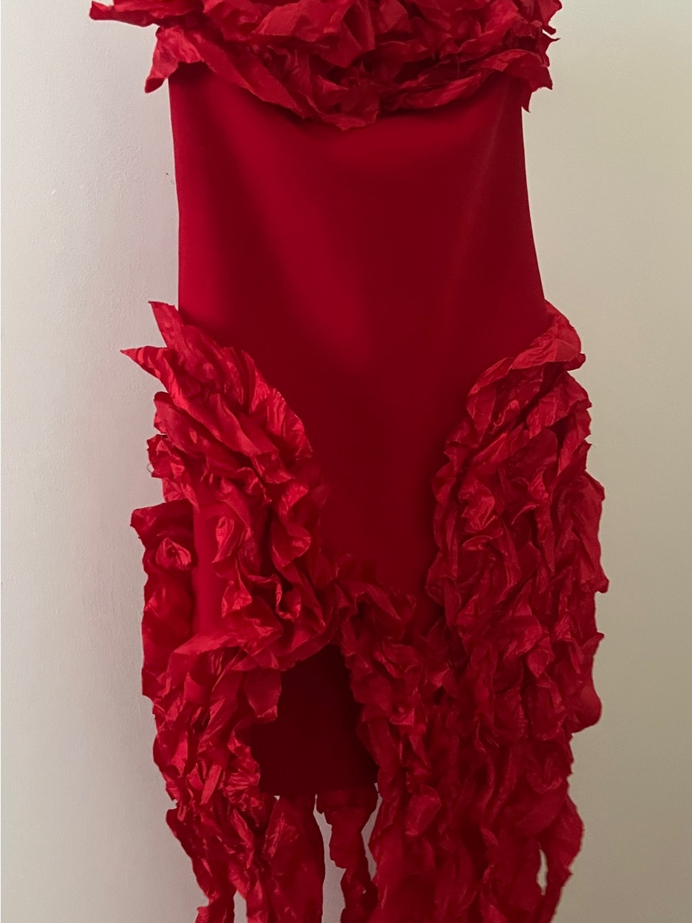 Red Strapless Ruffle Cascade Gown - Picture 2 of 3